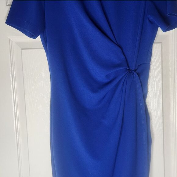 TAHARI by Arthur Levine 10 Blue Midi Stretch Crepe Shortslve Lined Knot Dress - Picture 2 of 9